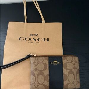 Coach Brown Signature Canvas Wristlet with Black Stripe